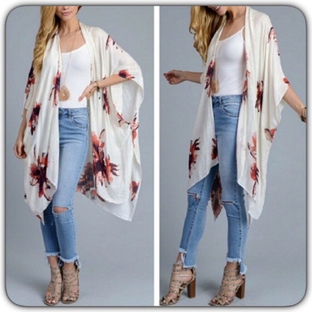 Ivory Floral Chic Kimono Wrap Coverup One Size - Picture 3 of 8